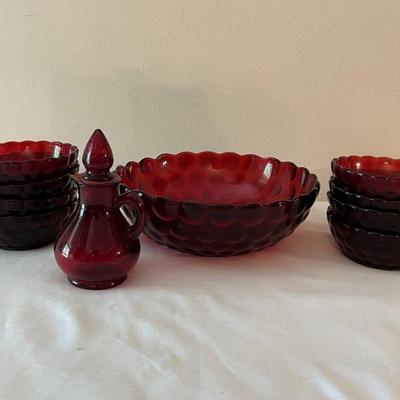 Ruby Red salad bowl w/8 serving bowls w/cruet