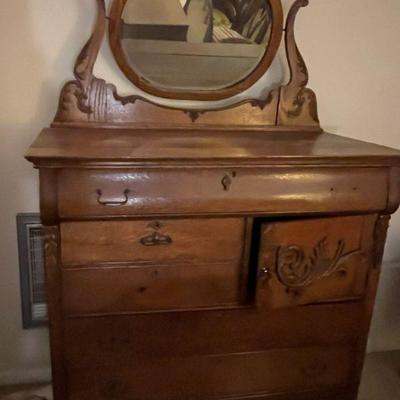 antique oak dresser & swivel mirror w/6 drawers/hat cabinet