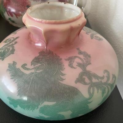 Rare antique glass lamp shade with Asian Chinese lion or dragon design.