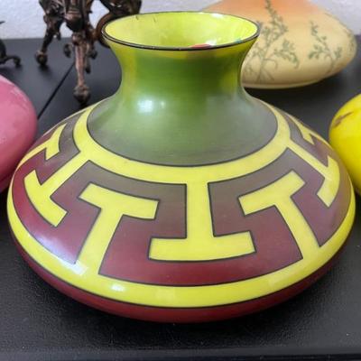 Fantastic and rare antique lamp shade with vibrant geometric pattern in yellow, red, and green. 