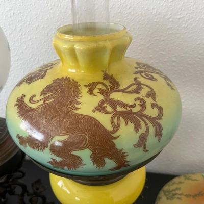 Rare antique B&H Bradley and Hubbard dragon claw foot kerosene lamp with Asian Chinese dragon or lion design shade 