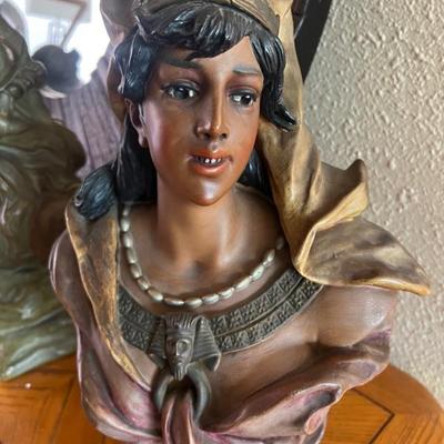 Beautiful Art Deco Art Nouveau Orientalist bust sculpture of an Egyptian Woman. Polychrome detailed painted plaster composition...