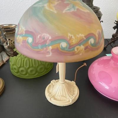 Reverse painted antique lamp shade and cream metal base (requires rewiring) 