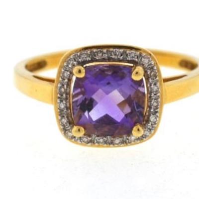 14k Amethyst diamond halo ring