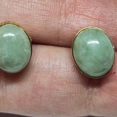 14k Chinese green key bezel jade earrings
