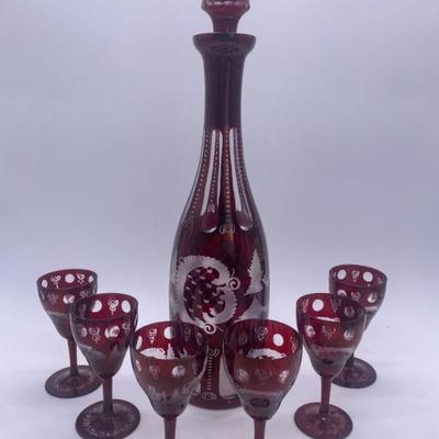 Antique Bohemian Czech Decanter and Matching Glasses