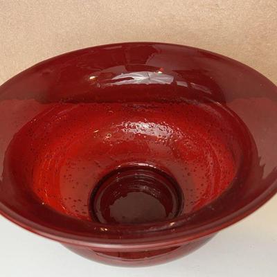 Hand-Blown Ruby Red Glass Bowl with Trapped Bubbles