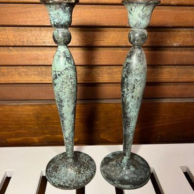 Pair of Verdigris Bronze Candlesticks