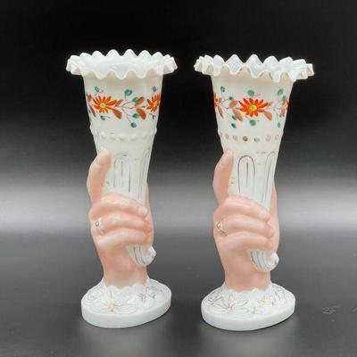 Pair Of Antique Hand-painted Majolica Hand Vases
