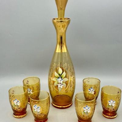 Italian Venetian Amber Decanter & (6) Cups
