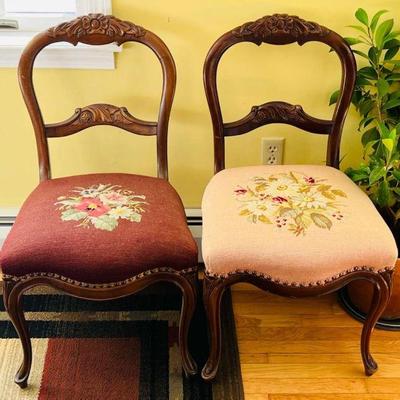 Antique Needlepoint Carved Wooden Chairs