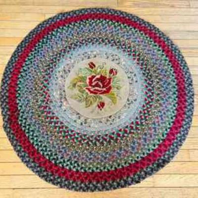 Vintage Round Braided Rug with Red Rose Center
