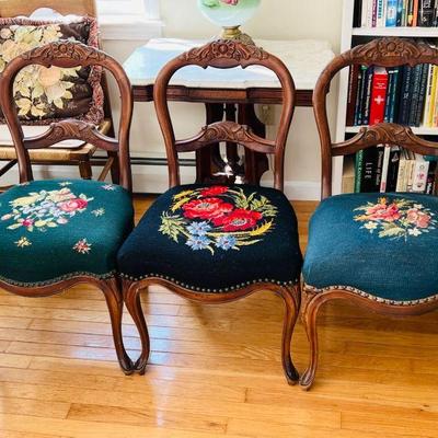 (3) Antique Needlepoint Carved Wooden Chairs
