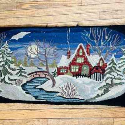Vintage Rug with Cozy Winter Home Scene
