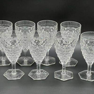 (8) Sparkling Vintage American Clear Fostoria Hex Foot Water Goblets
