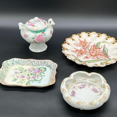 (4) Hand Painted Antique T&V Pierced Reticulated Porcelain Orchids & More
