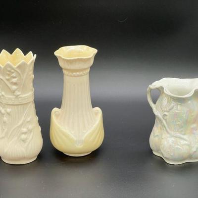 (3) Belleek Irish Moore Bulbous & Lily Of The Valley vases, and More
