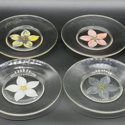 (4) Hand Blown, Hand Painted Floral Art Glass Plates
