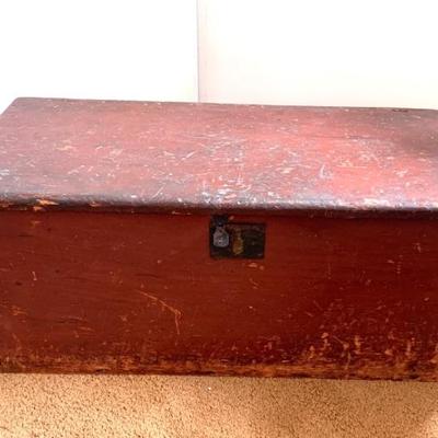 Small antique early 19th c. 6 board chest in old red wash. Early wallpaper interior, untouched.