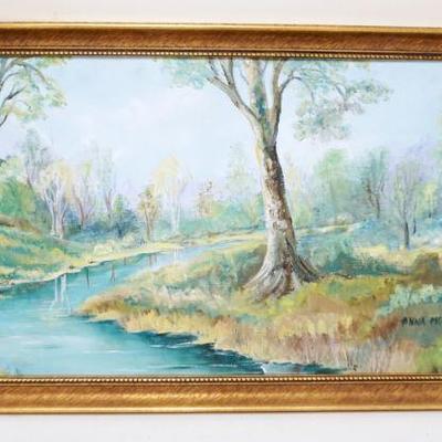 1158	OIL PAINTING ON BOARD STREAM IN FORREST, ARTIST SIGNED LOWER RIGHT, APPROXIMATELY 18 IN X 33 IN OVERALL
