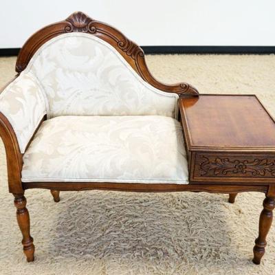 1185	UPHOLSTERED DIMINUTIVE TELEPHONE BENCH W/ONE DRAWER, APPROXIMATELY 18 IN X 37 IN X 38 IN HIGH
