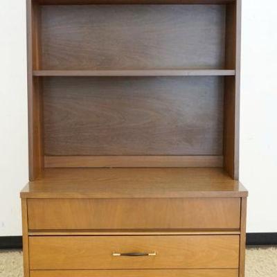 1172	MIDCENTURY MODERN NARROW TAPERED BOOKSHELF W/4 LOWER DRAWERS, APPROXIMATELY 32 IN X 18 IN X 75 IN HIGH
