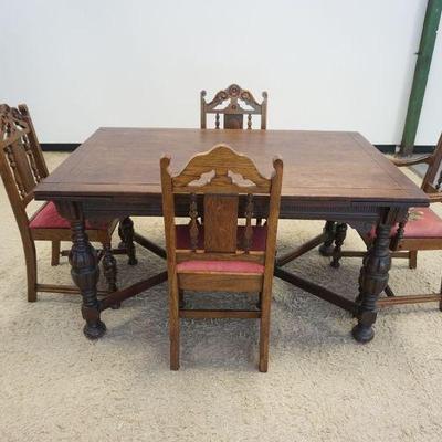 1252	OAK ENGLISH TUDOR TABLE W/PULL OUT EXTENSION & 4 NEEDLEPOINT SEAT CHAIRS, TABLE APPROXIMATELY 60 IN X 40 IN X 31 IN HIGH, OPEN...