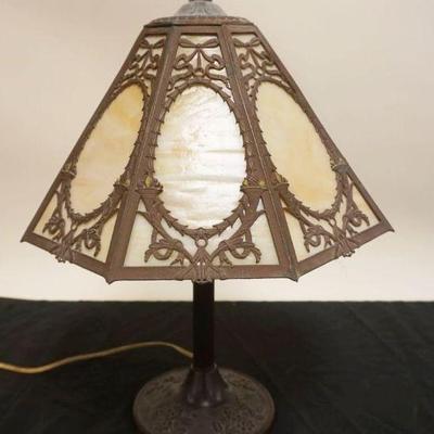 1243	ANTIQUE PANELED SLAG GLASS BIGELOW & KENNARD PARLOR LAMP, APPROXIMATELY 22 IN HIGH
