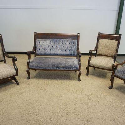 1254	4 PIECE EMPIRE STYLE PARLOR SET, SOME FADING & STAINING IN UPHOLSTERY
