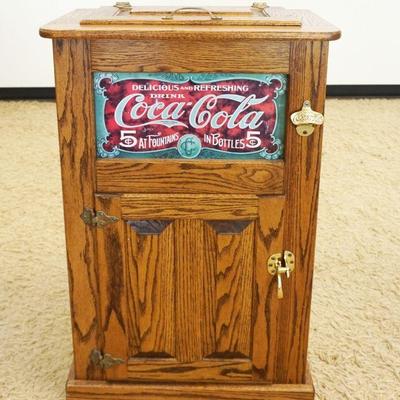 1218	CONTEMPORARY OAK COCA-COLA ICE CHEST W/BRASS BOTTLE OPENER & HARDWARE, APPROXIMATELY 15 IN X 23 IN X 37 IN HIGH
