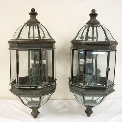 1012	PAIR OF BRASS & BEVELED GLASS PORCH LANTERNS IN BRONZE FINISH, APPROXIMATELY 28 IN HIGH

