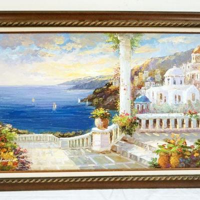 1153	OIL PAINTING ON CANVAS MEDITERRANEAN SHORE SCENE, ARTIST SIGNED LOWER LEFT, APPROXIMATELY 31 IN X 43 IN OVERALL
