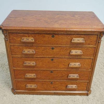 1249	OAK STORE 5 DRAWER CABINET W/DIVIDED TOP DRAWER, APPROXIMATELY 35 IN X 19 IN X 32 IN HIGH
