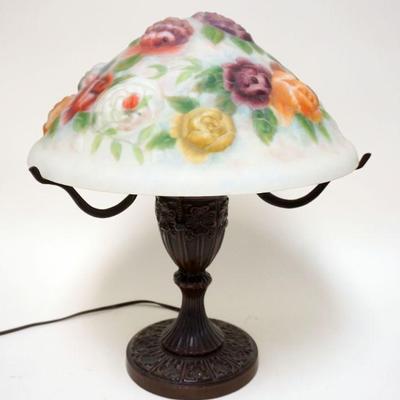 1082	OUTSTANDING SATIN GLASS REVERSE PAINTED FLORA PUFFY SHADE TABLE LAMP W/ORIGINAL BRONZE FINISHED CAST MEAL BASE, APPROXIMATELY 21 IN...