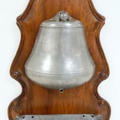 1010	PEWTER LAVABO MOUNTED ON WALNUT BACK, APPROXIMATELY 30 IN HIGH X 14 IN WIDE
