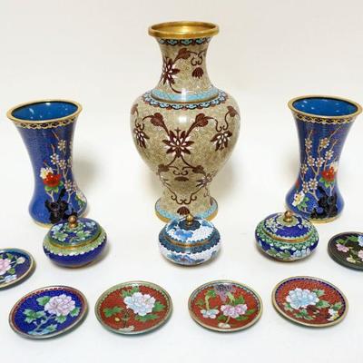 1114	GROUP OF ASSORTED CLOISONNE VASES, COVERED BOXES & SMALL DISHES, LARGEST VASE APPROXIMATELY 10 IN HIGH
