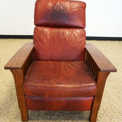 1206	MISSION OAK STYLE LEATHER RECLINER, STAINING ON LEATHER TOP
