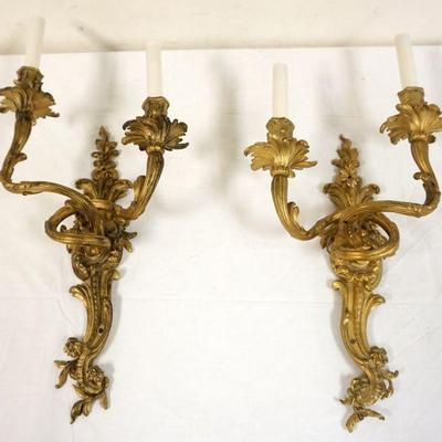 1011	PAIR OF HEAVY SOLID BRASS WALL SCONCES, APPROXIMATELY 25 IN HIGH
