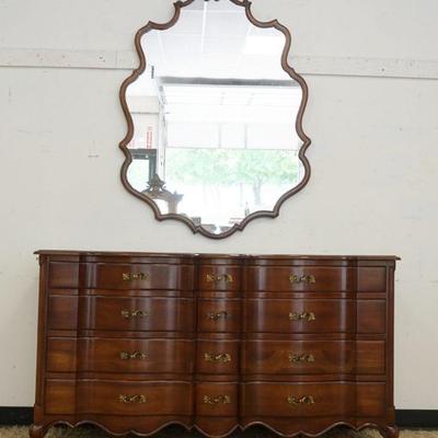 1165	CHERRY FRENCH PROVINCIAL TRIPLE 12 DRAWER DRESSER & HANGING MIRROR, DRESSER APPROXIMATELY 62 IN X 22 IN X 34 IN HIGH, MIRROR...