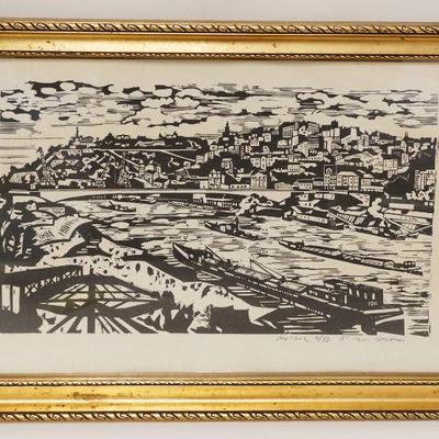 1092	WOODBLOCK PRINT OF CANAL & CITY, ARTIST SIGNED LOWER RIGHT, APPROXIMATELY 12 IN X 15 1/2 IN OVERALL
