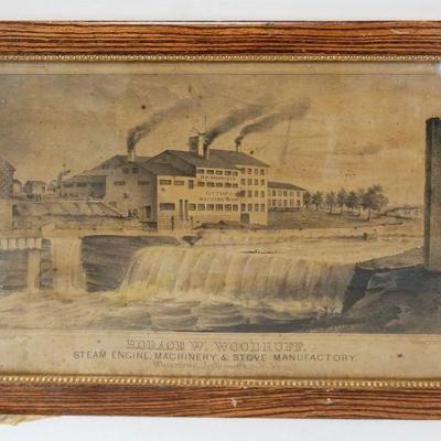 1093	ANTIQUE LITHOGRAPH OF HORACE W WOODRUFF STEAM ENGINE, MACHINERY & STOVE MANUFACTORY, WATERTOWN NY, APPROXIMATELY 15 IN X 19 IN OVERALL
