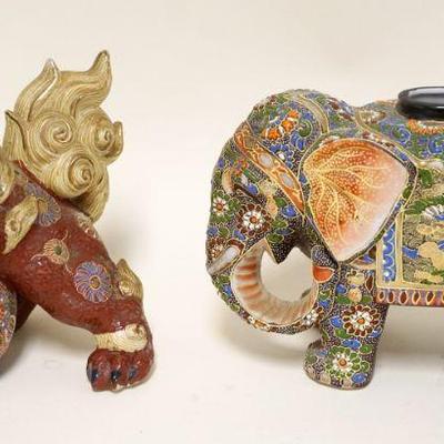 1102	2 PIECE LOT MORIAGE SATSUMA ELEPHANT & FOO DOG, LARGEST APPROXIMATELY 8 IN HIGH
