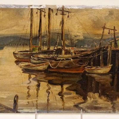 1002	OIL PAINTING ON BOARD SHIPS AT HARBOR, ARTIST SIGNED LOWER LEFT, APPROXIMATELY 9 IN X 12 IN
