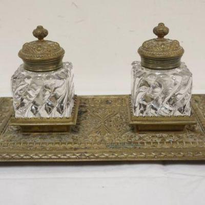 1258	DOUBLE GLASS INKWELL W/ORNATE BRASS HINGED TOPS & BRASS BASE, APPROXIMATELY 8 IN X 14 IN X 6 IN HIGH

