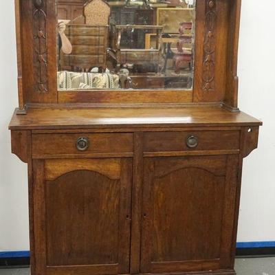 1210	OAK ARTS & CRAFTS MIRROR TOP SIDEBOARD W/TULIP CARVED PANELS, APPROXIMATELY 48 IN X 18 IN X 65 IN HIGH
