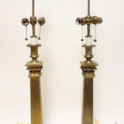 1143	PAIR OF *DECORATIVE CRAFTS* HEAVY BRASS TABLE LAMPS, CORINTHIAN COLUMN, APPROXIMATELY 38 IN HIGH
