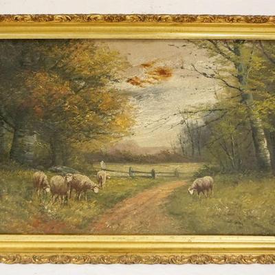 1018	ANTIQUE OIL PAINTING ON CANVAS, SHEEP GRAZING ALONG WOODED LANE, APPROXIMATELY 14 IN X 20 IN
