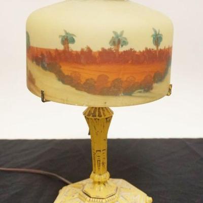 1240	ANTIQUE SATIN GLASS REVERSE PAINTED BOUDOIR LAMP ON CAST METAL BASE, APPROXIMATELY 14 1/2 IN HIGH
