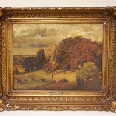 1004	ANTIQUE OIL PAINTING ON CANVAS OF COWS IN WOODED PASTURE, UNSIGNED, APPROXIMATELY 25 IN X 29 IN. LOSS TO FRAME
