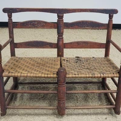 1200	ANTIQUE COUNTRY PRIMITIVE DOUBLE ROCKER, SLAT BACK W/WOVEN SEAT, APPROXIMATELY 38 IN X 23 IN X 28 IN HIGH
